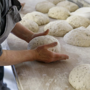 Les mains de la boulangère qui façonne les boules de pâte à pain.