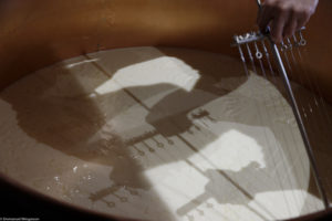 L'ombre du tranche-caillé à la surface du lait dans le chaudron en cuivre pour la fabrication du fromage, à la ferme Chez Valentin à Foncine-le-Haut