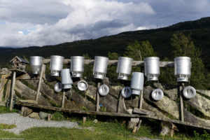 Après leur lavage, les bidons à lait sont accrochés tête en bas sur la clôture pour qu'ils s'égouttent à l'alpage Bergstaulen à Rjukan en Norvège,