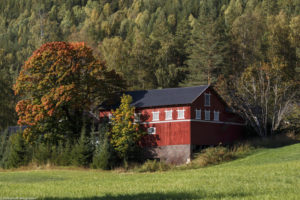 Grange traditionnelle en bois dans la vallée près de Rjukan, commune de Tinn en Norvège